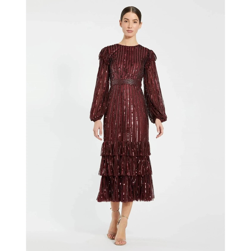 Mac‎ Duggal 23003 size 4 red sequin long sleeve ruffle detail midi dress